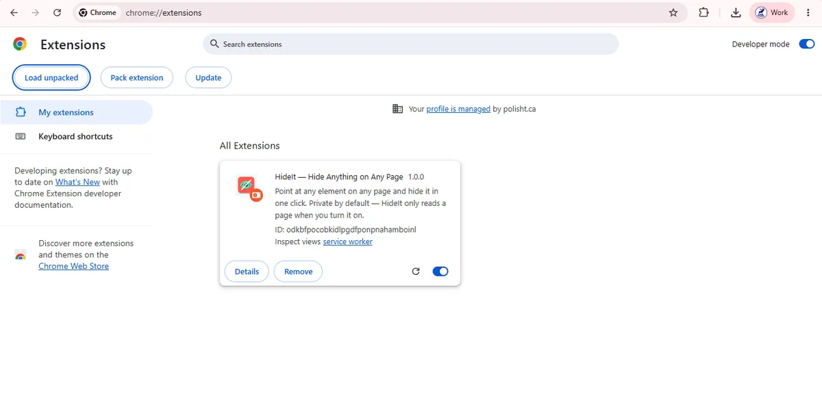 HideIt extension installed and enabled on the Chrome extensions page