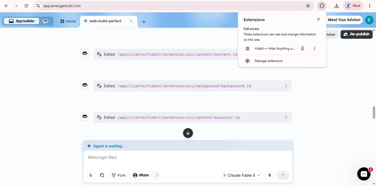 Pinning HideIt from the Chrome extensions menu