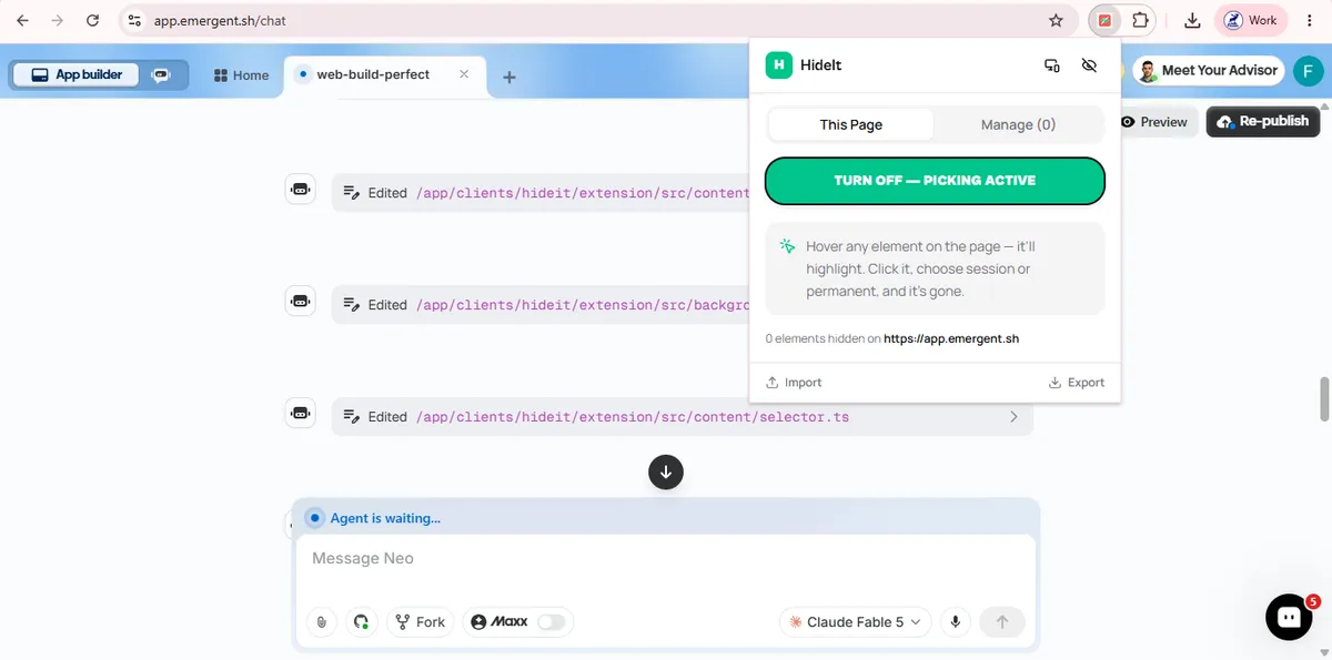 HideIt popup showing picking mode active